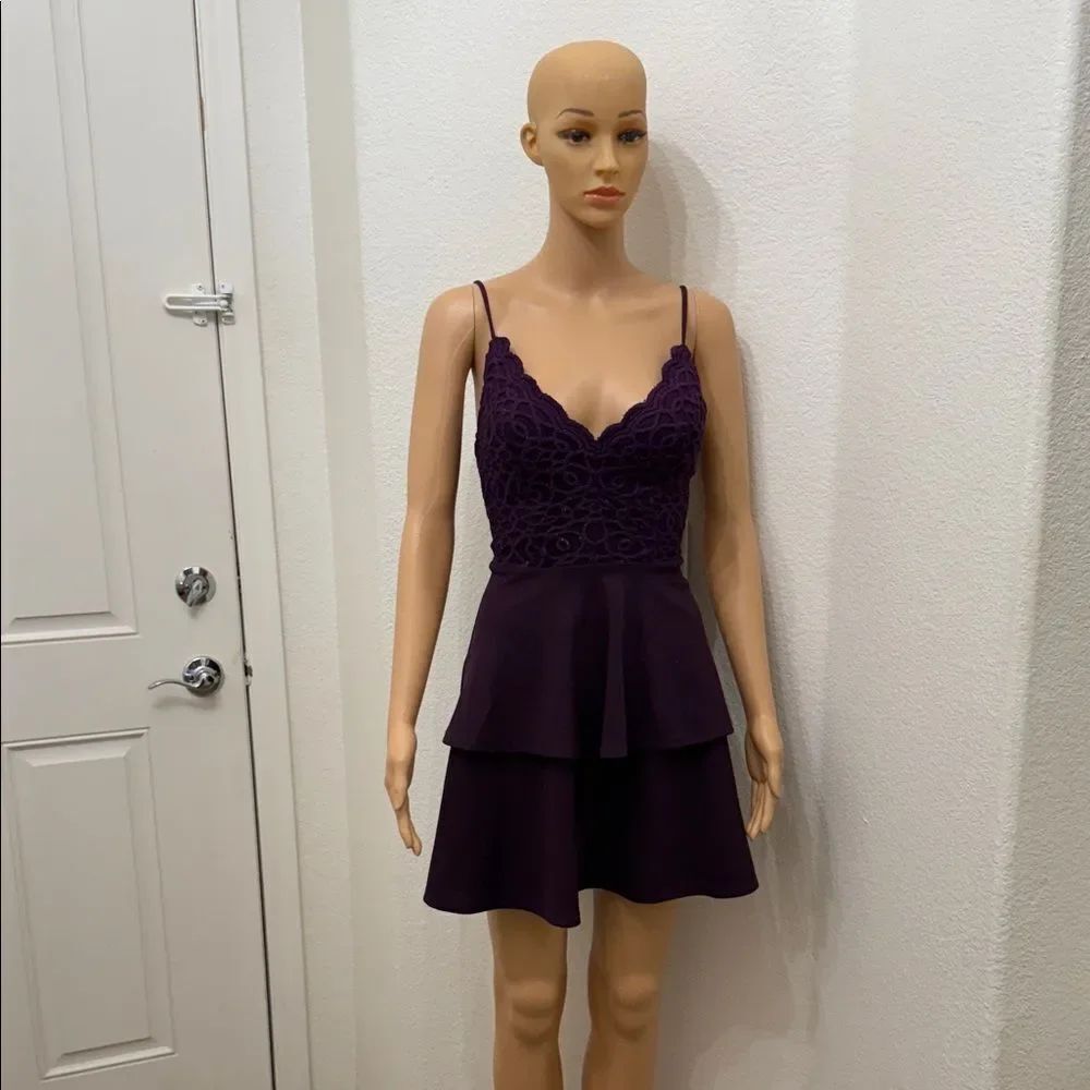 City Studio Deep Purple Plum Lace Sparkling Metallic Mini Dress Tie Zipper Back